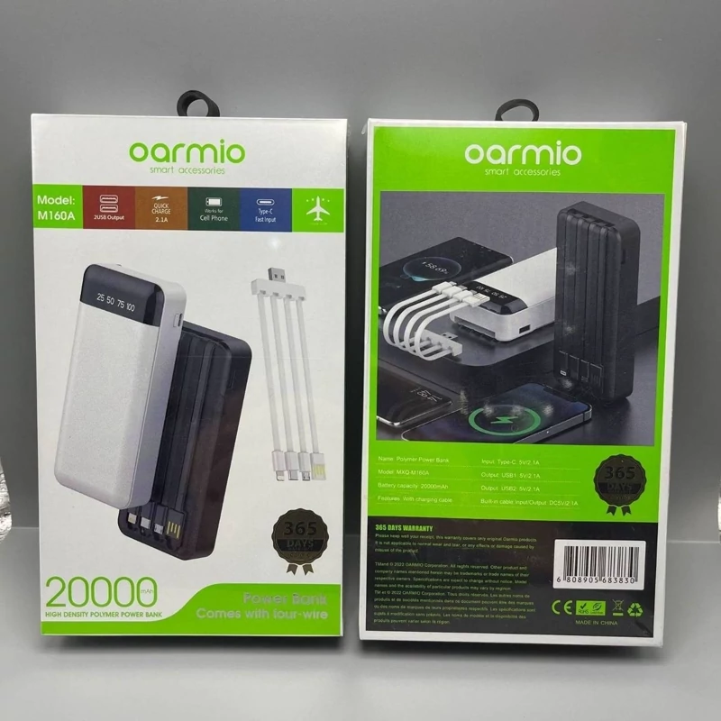 پاور بانک  برندOraimo  مشخصات محصول مدل M160A  صفحه نمایش دار   کابل دار برای همه مدل ها  چراغ دار چند حا